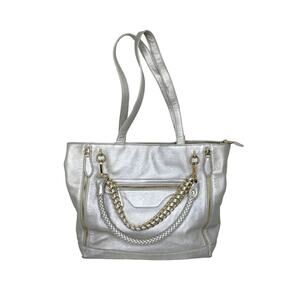 Imoshion Silver Metallic Tote Vegan Faux Leather Purse Braided Gold Chain Bag